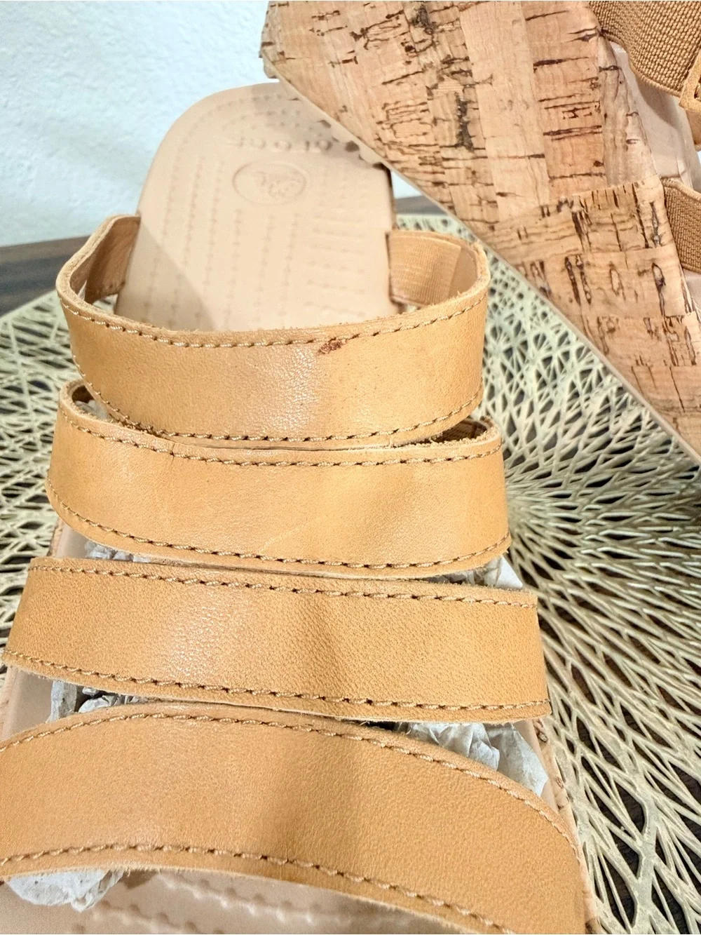 Crocs A- Leigh Tan Leather Wedge Slide Sandals Women Size 8 Cork Detail Comfort